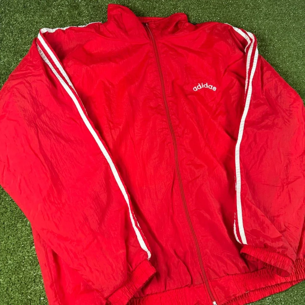 Vintage Adidas Windbreaker Jacket Mens XL Red White 3 Stripe Full Zip‎ Track